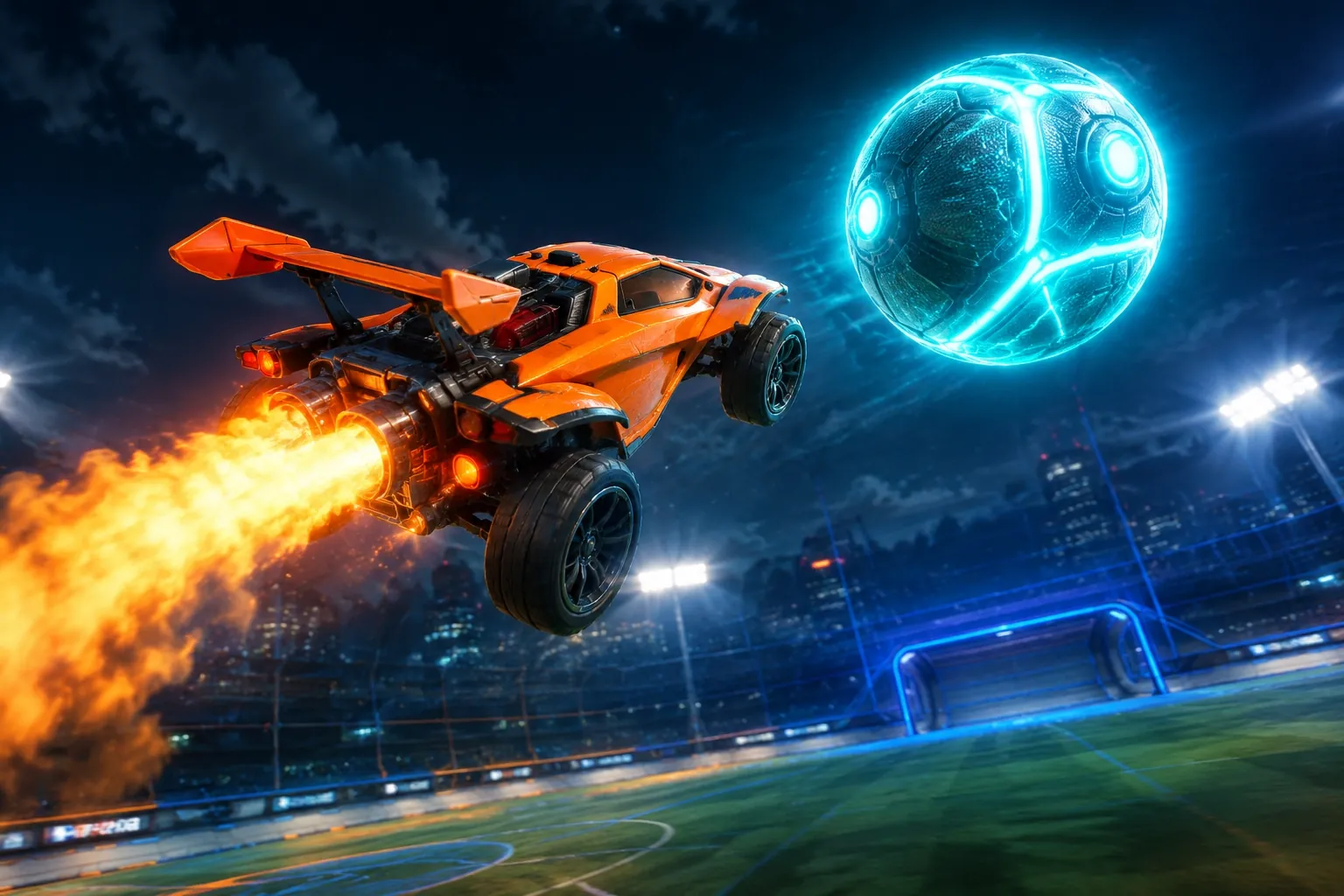Car flying toward a glowing ball